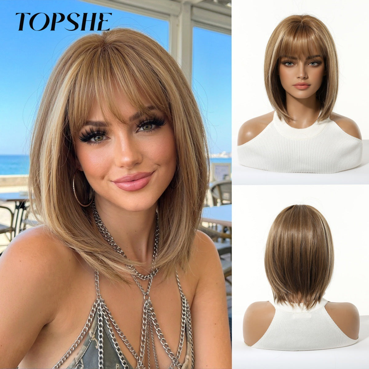 Gradient Brown Highlight Air Bangs Natural Wig Short Straight Hair