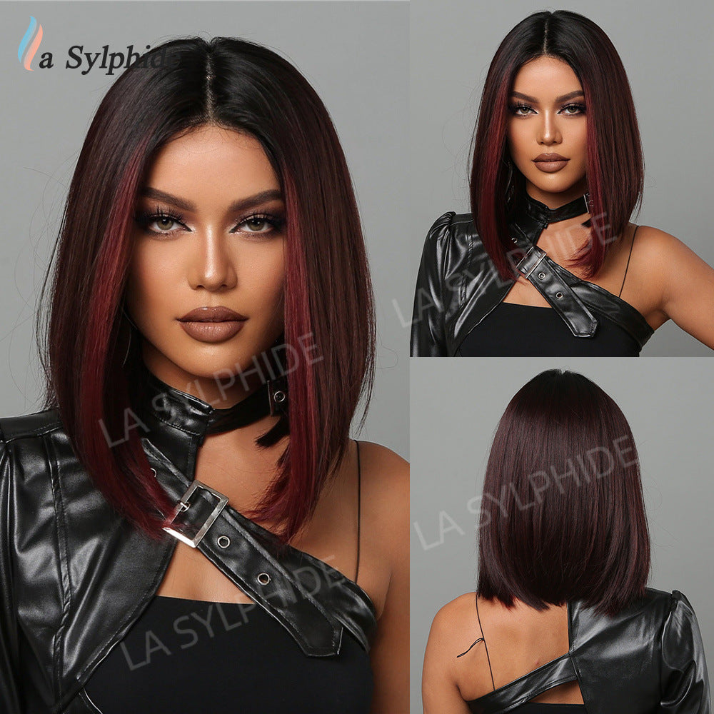 Women's Bangs Brown Gradient Sier Head Daily Wig Short Straight Hair