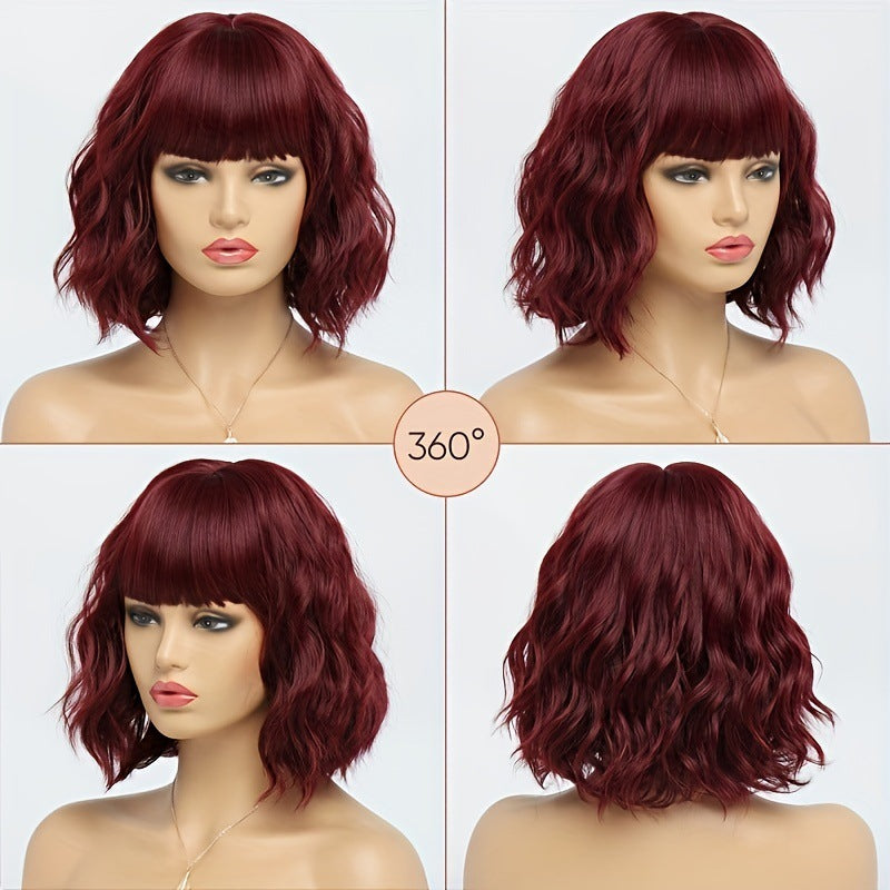 Women's Wavy White Bob Bangs Soft Synthetic Wig Short Curly Hair