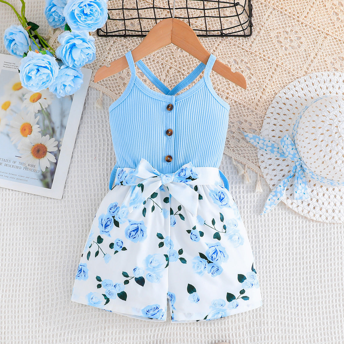 Summer Blue Printing Gallus Siamese Trousers Jumpsuit, Climbing Suit