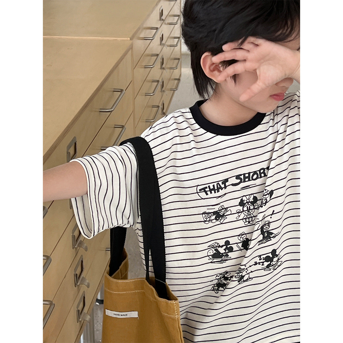 Children's Style Striped Cartoon Printed Round Neck Pullover Casual Children's T-shirt