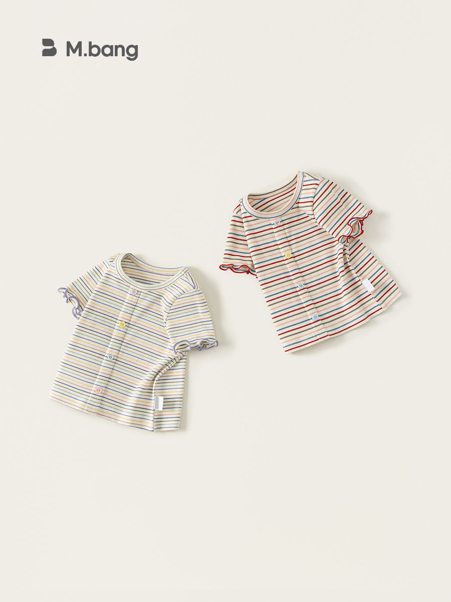 Children's Short-sleeved Summer Color Stripes Wooden Ear Sweet Cute Tops Children's T-shirt