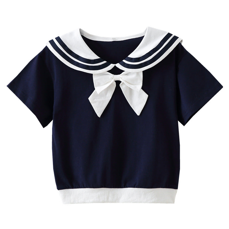 Children's Clothing Short-sleeved Thin Summer Navy Style Lapel Princess Bottoming Shirt Children's T-shirt