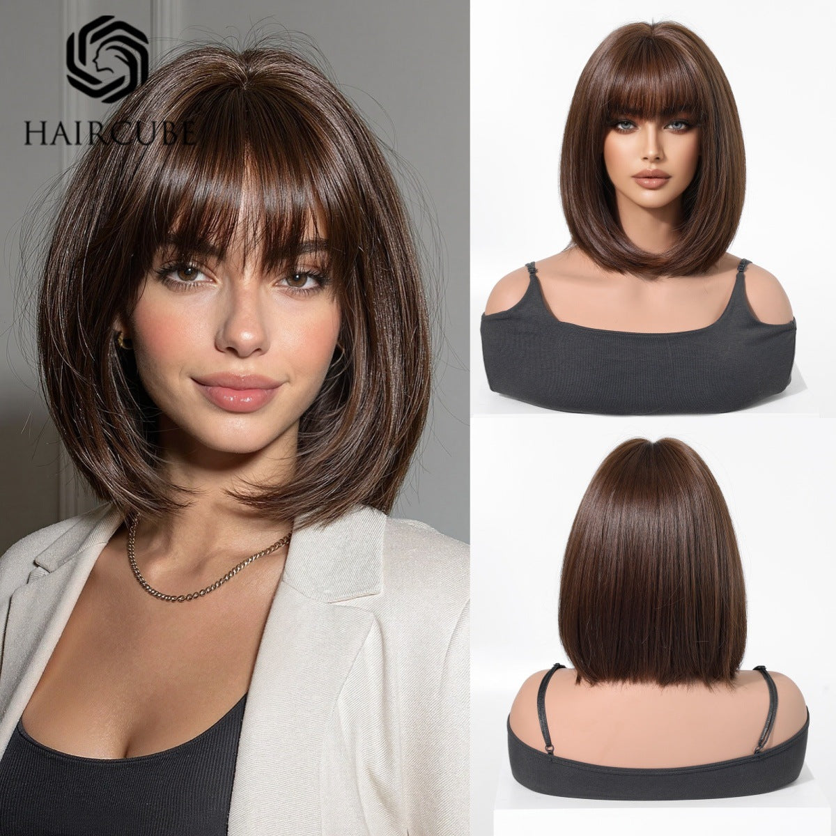 Head Cover Bangs White Styling Full Wig Short Straight Hair