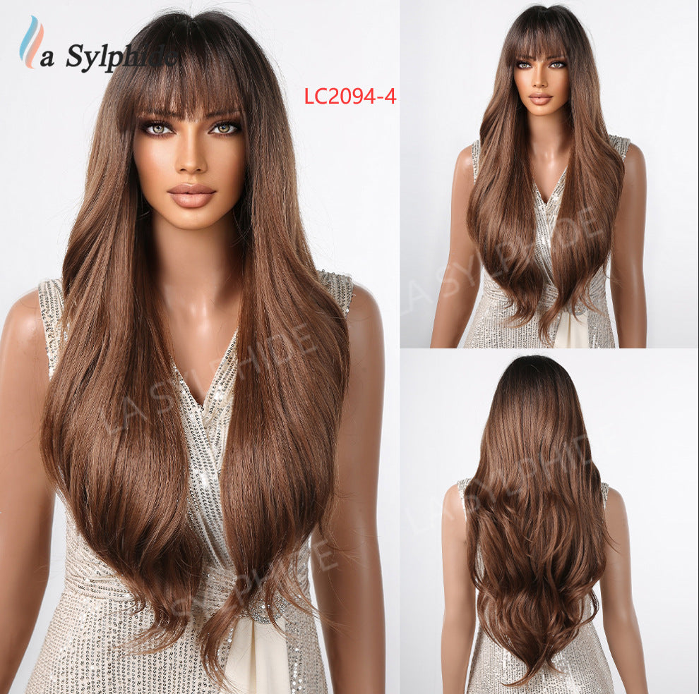 Curly Female Bangs Brown Golden Purple Wig Long Curls