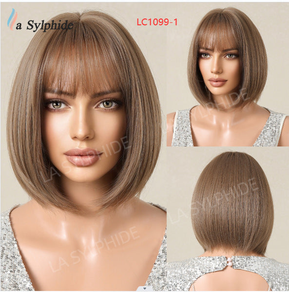 Brown Gradient Bangs Mid-length Mechanism Rose Wig Short Straight Hair
