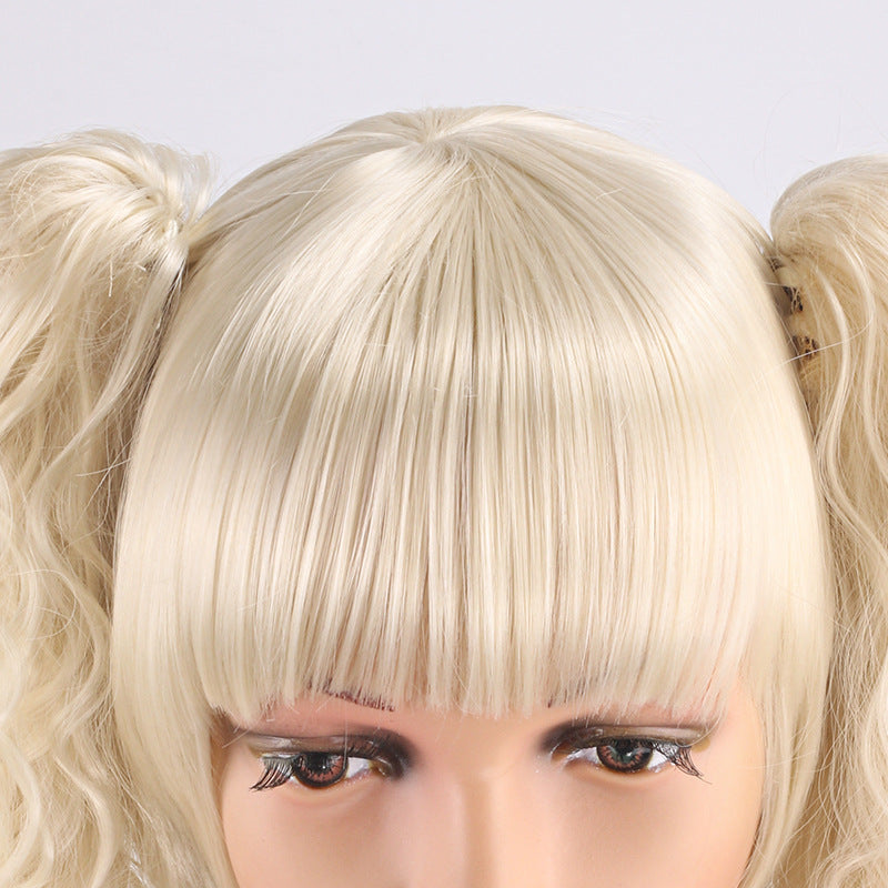 Beige White Double Ponytail Jaws Clamp Fringe Wig Short Straight Hair