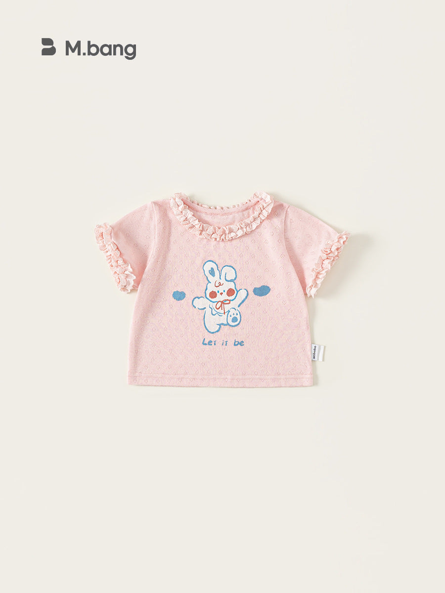 Children's Clothing Cute Printed Top Round Neck Lace Solid Color Short Children's T-shirt