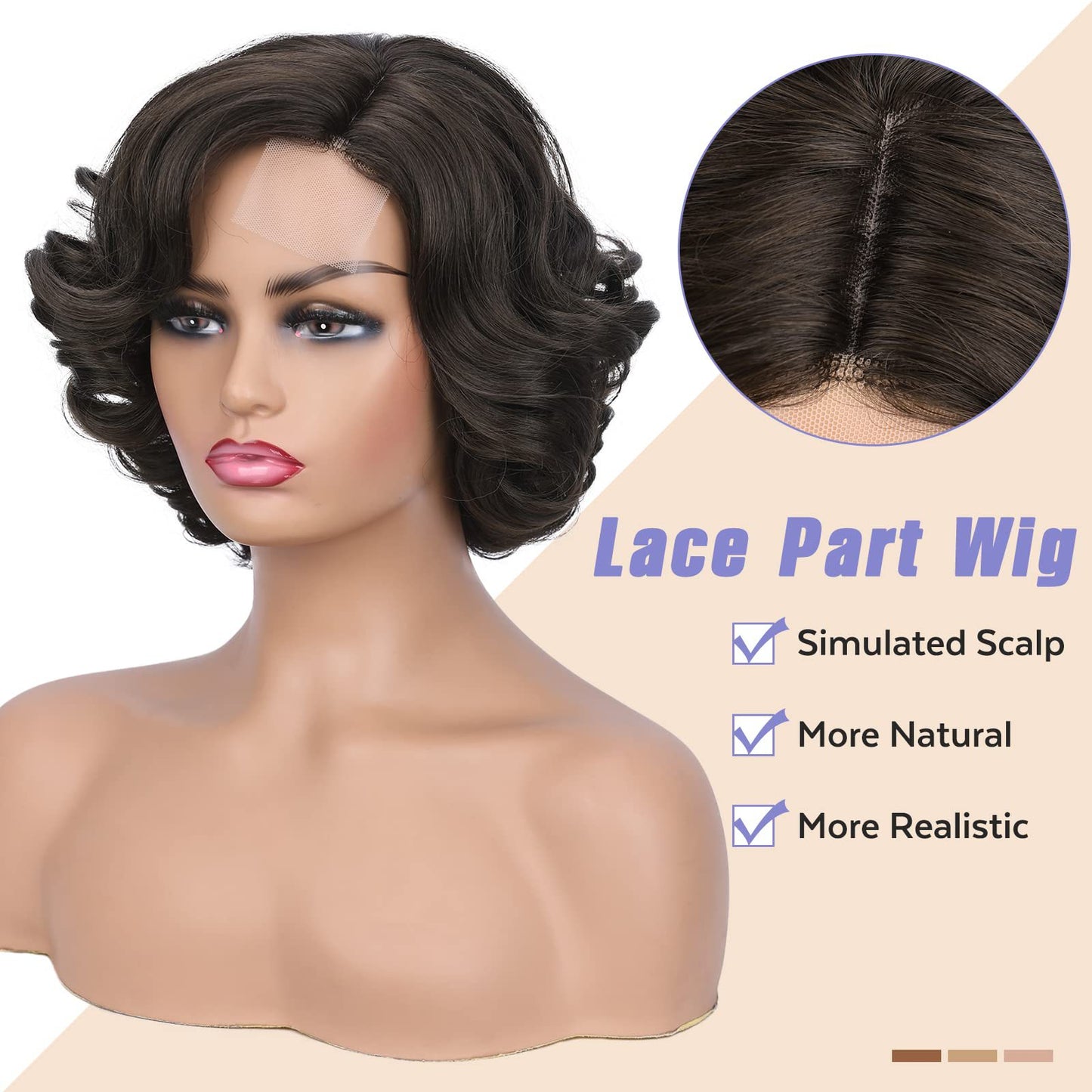 Women's Front Lace Side Roll Loose Wavy Headgear Wig Short Curly Hair