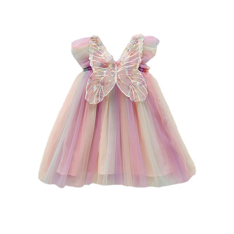Rainbow Wings Mesh Summer Flounced Sleeve Princess Children's Dress