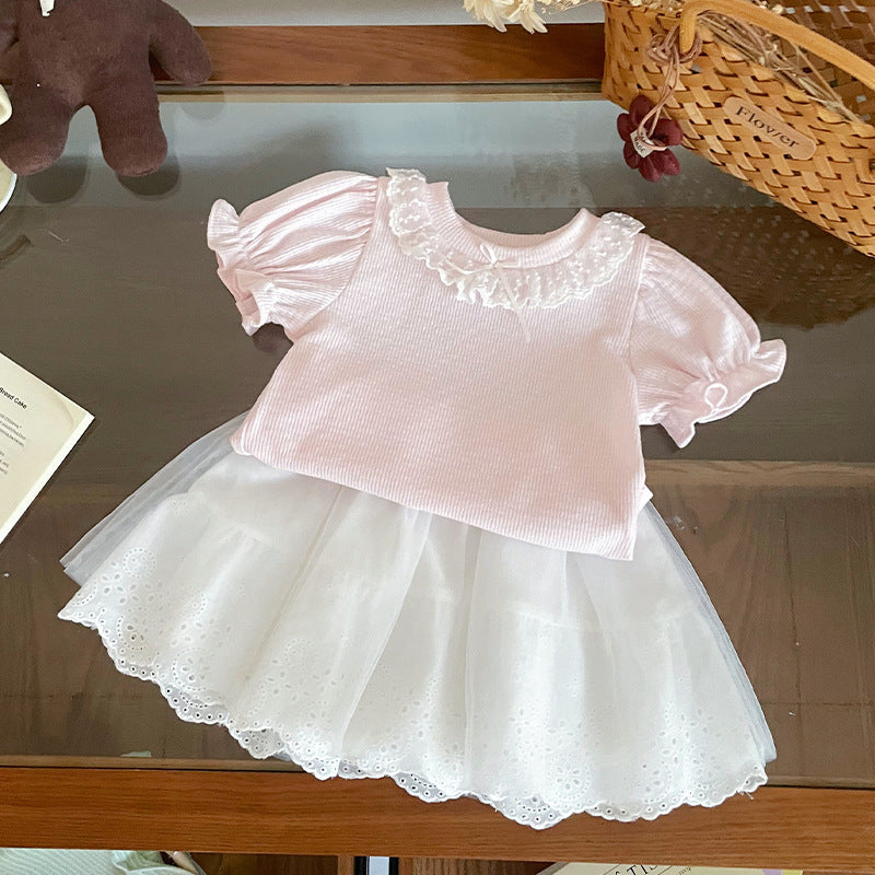 Short-sleeved Summer Puff Sleeve Lace Collar Children's T-shirt