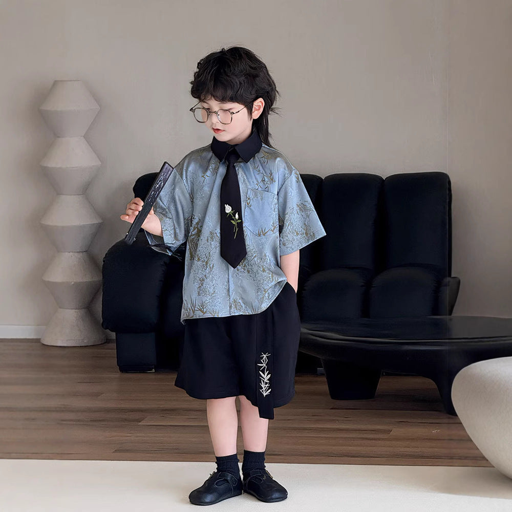Children's Suit Short-sleeved Korean Style Loose Fashionable Beach Shorts Children's Shirt