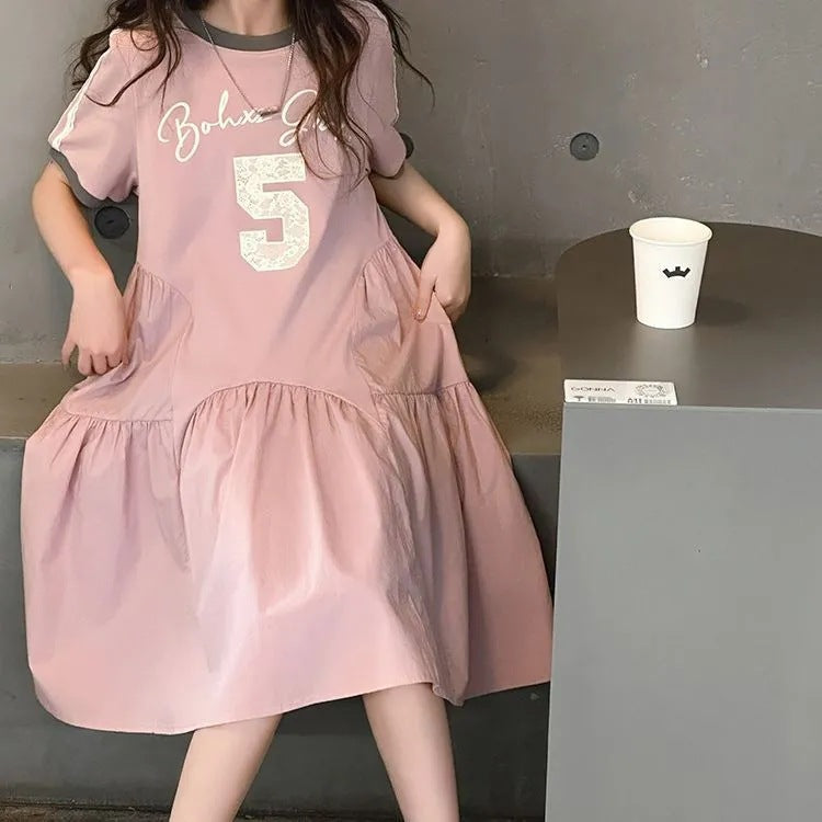 Summer Western Style Stitching Printed Medium Big Korean Children's Dress