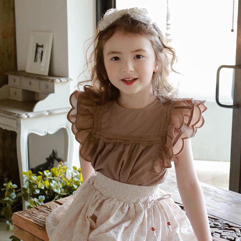 Children's Summer Strawberry Shan Clothing Solid Color Lady Fei Edge Children's T-shirt