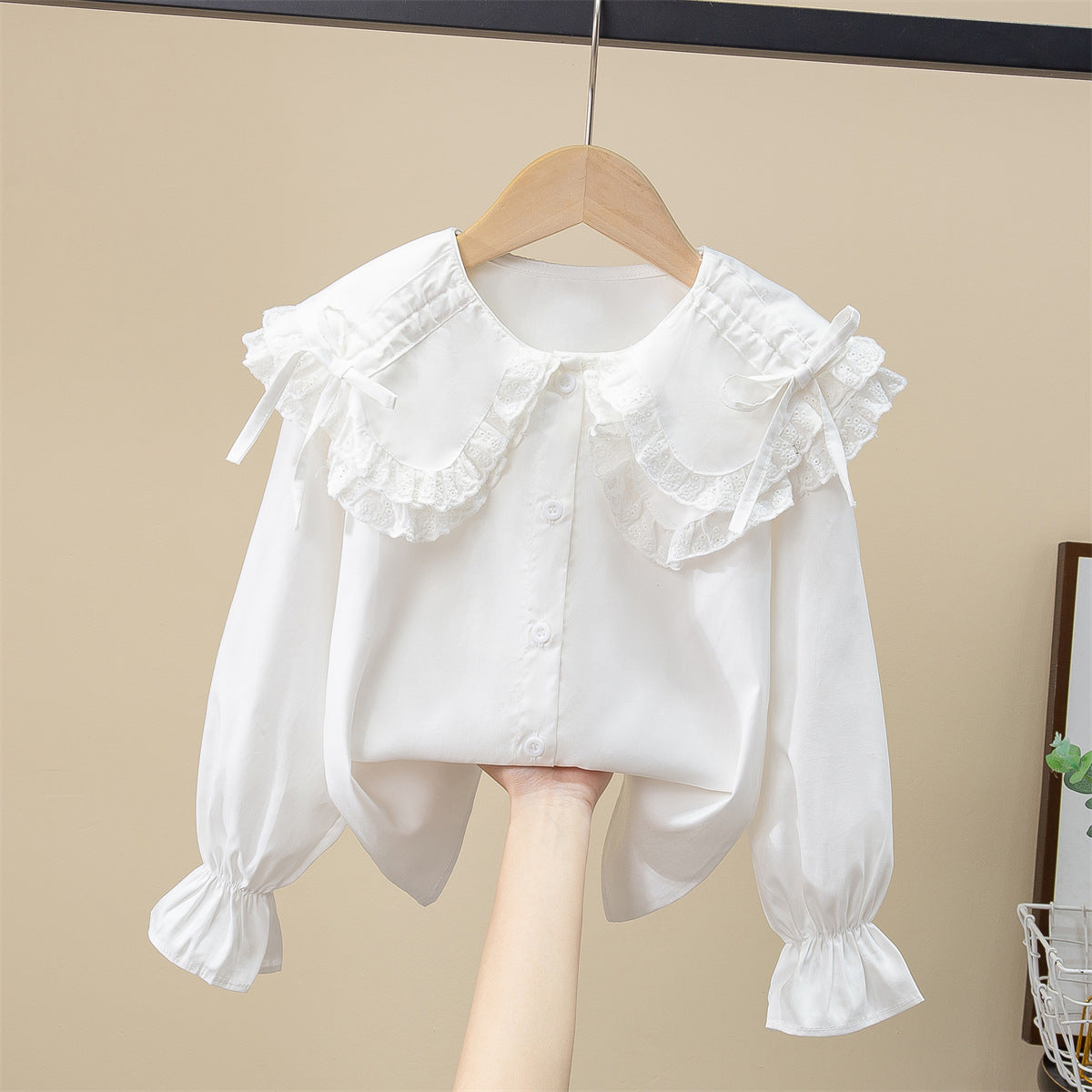 Middle Big White With Lapel Cotton Long-sleeved Spring Casual Children's Shirt