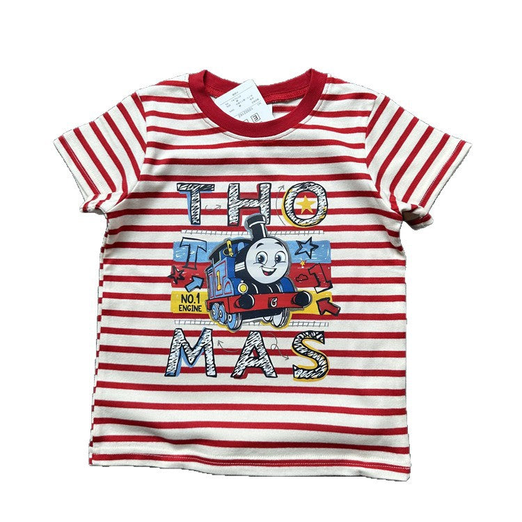 Children's Single Summer Train Friends Striped Pure Cotton Short-sleeved Children's T-shirt