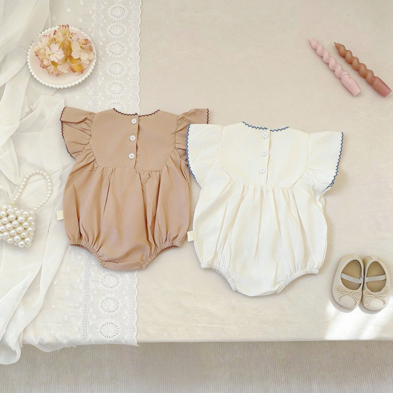 Summer Thin Cotton Embroidery Puff Short Sleeve One-piece Jumpsuit, Climbing Suit