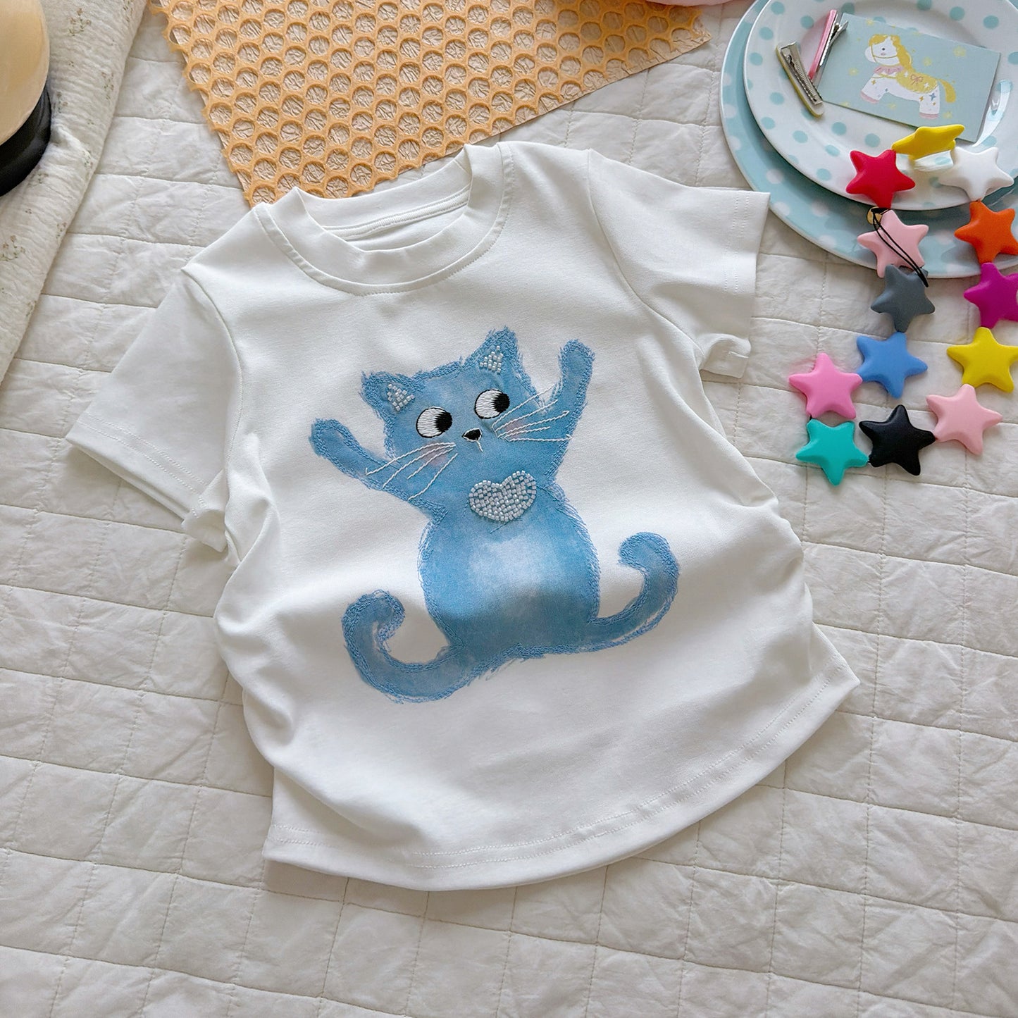 Children's High Elastic Fine Cotton Rib Digital Painted Beaded Tube Embroidery Children's T-shirt