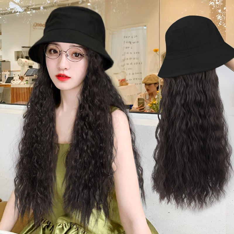 Bucket Hat With One Female Long Curly Hair Straight Water Other Wig