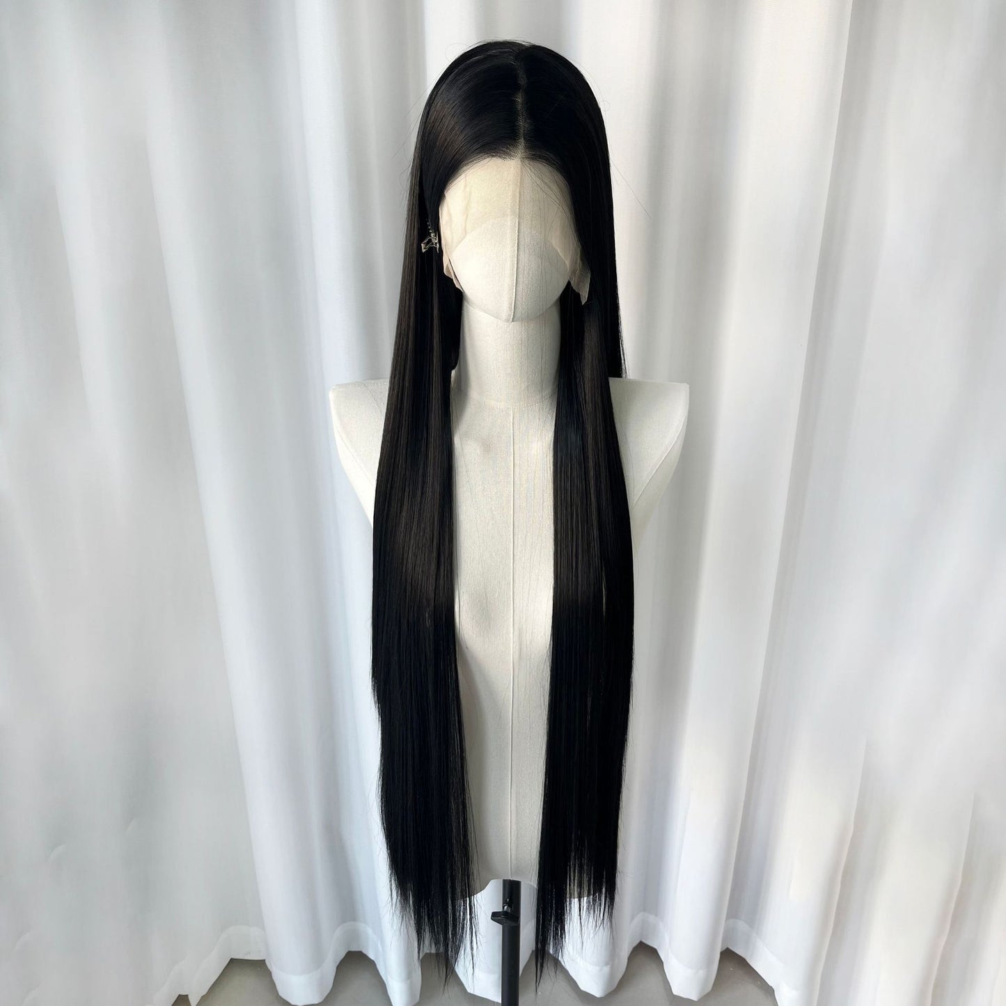 Universal Black Silk Hair Cover Embryo Hand Crocheting Forehead Lace Long Straight Wig