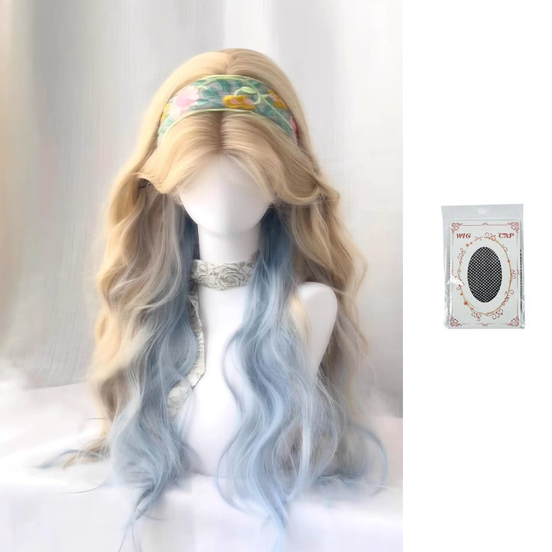 Female Platinum Color Gradient Blue Mid-length Bangs Curly Hair Natural Wig Long Curls