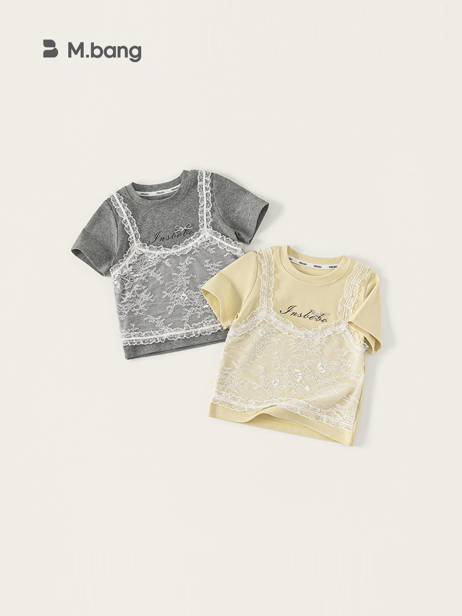 Children's Fake Two-piece Lace Stitching Short Sleeve Summer Sweet Cool Style Children's T-shirt