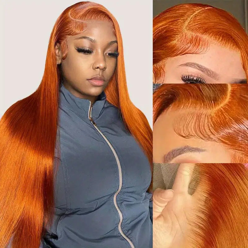 Women's Front Lace Medium Orange Hair Fluffy Natural Fashion Long Straight Wig